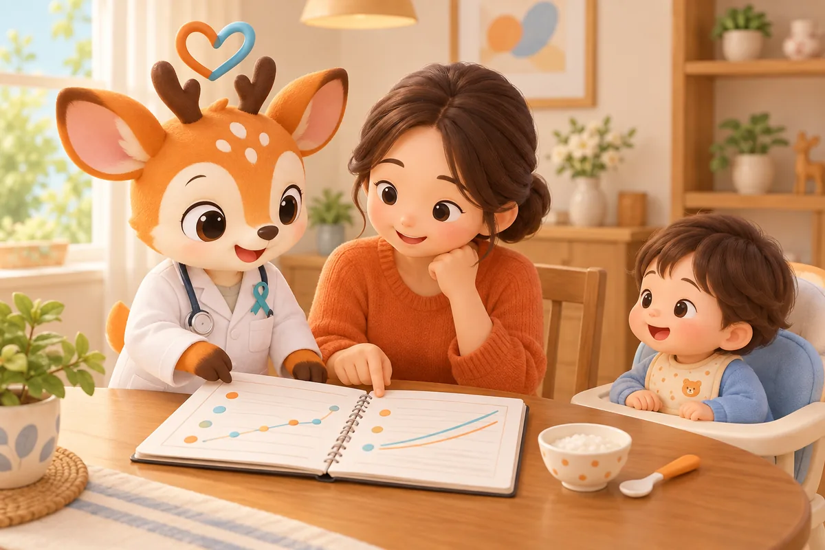 보호자와 함께 아이의 성장 기록 노트를 살펴보는 아이조아 캐릭터